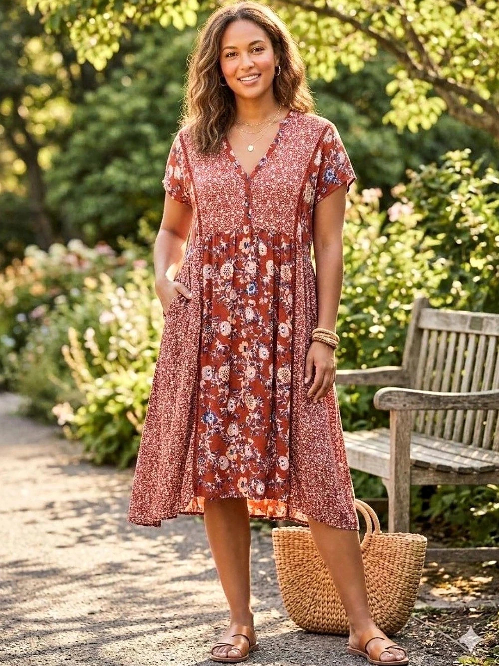 Knox Rose Floral Midi Dress in Red Orange & Blue Size Small Like New
